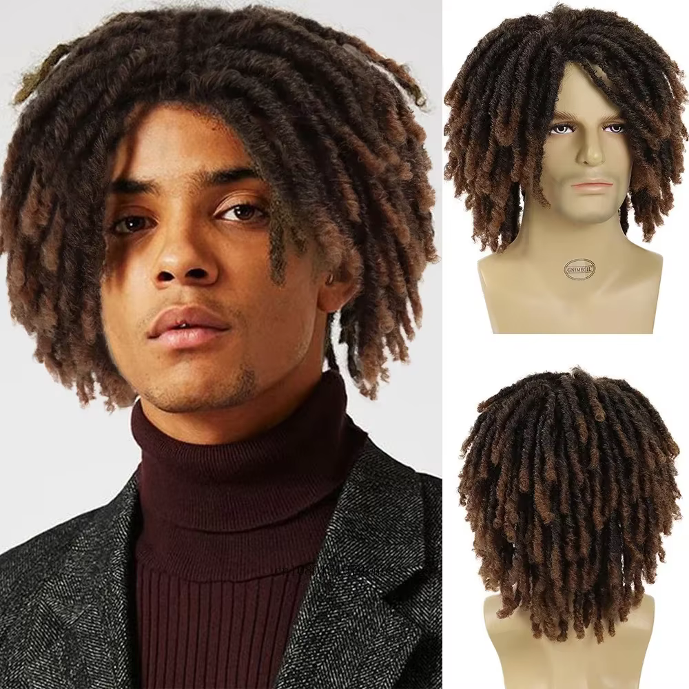 Cheveux synthétiques DreadLock perruque pour hommes perruques tressées Jet noir homme Afro Bob perru