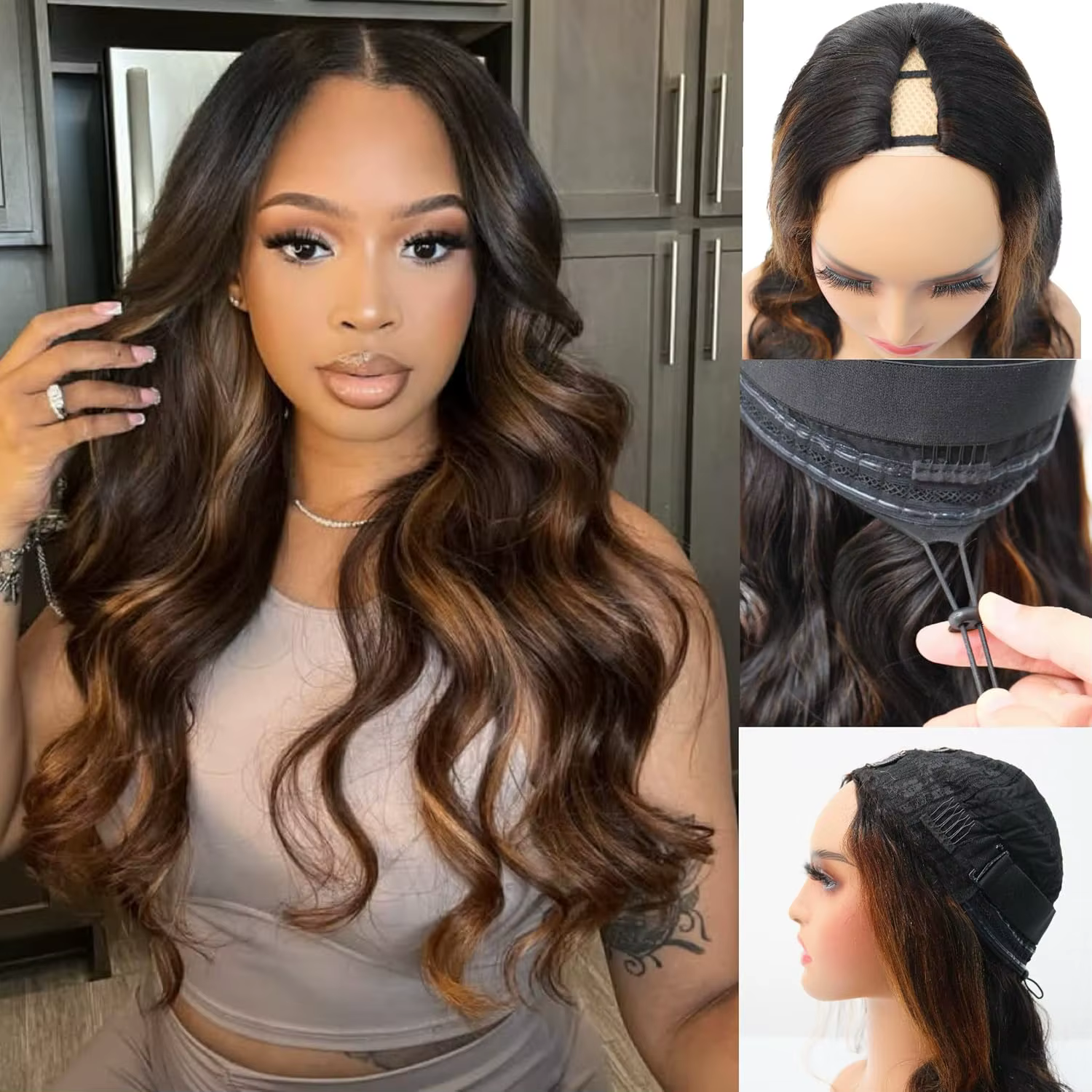 Perruque V-Part Body Wave améliorée avec cordon de serrage réglable, densité 220, forme en V, demi-p
