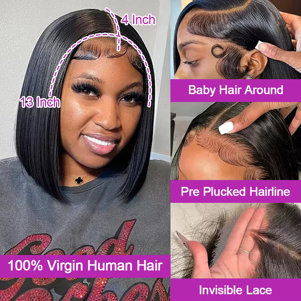 Perruques Courtes Bob en Cheveux Humains 13x6 Lisses comme des Baguettes Sans Colle HD Lace Front Wi