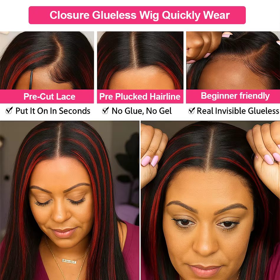 200% amélioré 1B/99J noir avec os rouge droite 5x5 mettre en évidence perruque cheveux humains brési