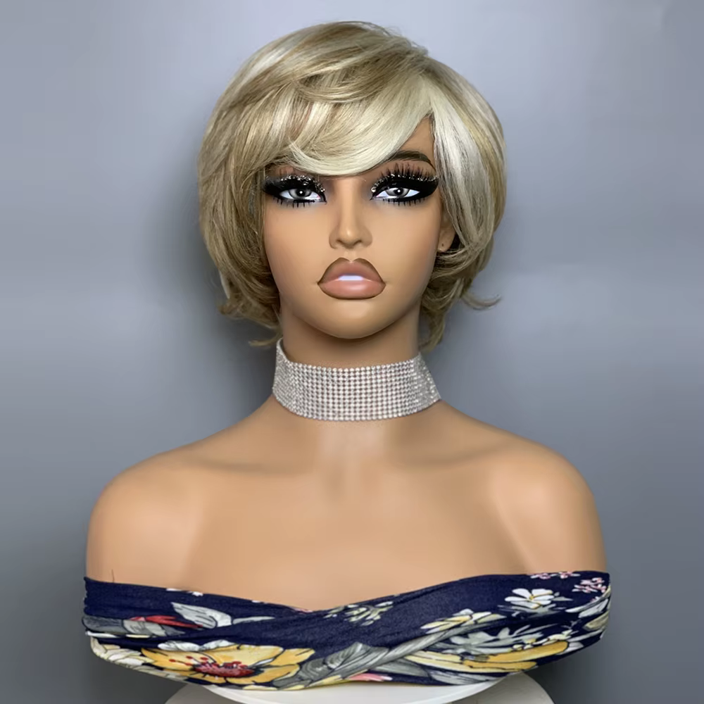 Perruque en cheveux humains ondulés sans lacet F8/60 # Perruque courte de style pixie avec frange,