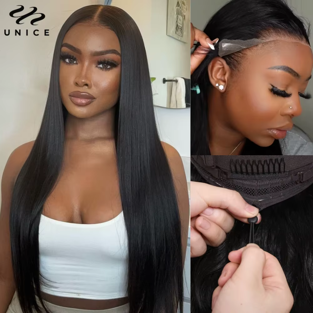 Unice Hair – perruque Lace Frontal Wig naturelle lisse, 13x4, avec cordon de serrage, pre-plucked, p