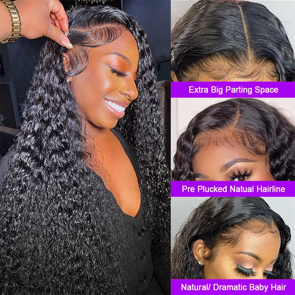 Perruque Lace Front Wig Deep Wave brésilienne naturelle, cheveux humains, 13x4, 13x6, pre-plucked, t