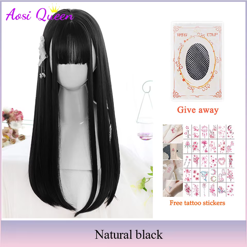 AOSI – perruques synthétiques noires longues et lisses avec frange pour femmes, perruques de fête de