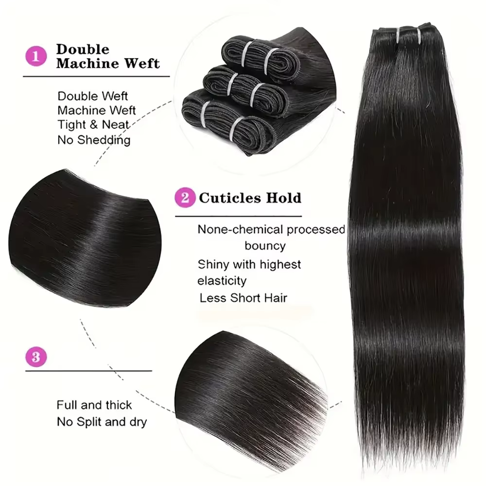 16A Super Double Drawn Tissage Cheveux Humains Lisses Vierge Non Traitée, Qualité Supérieure Extensi
