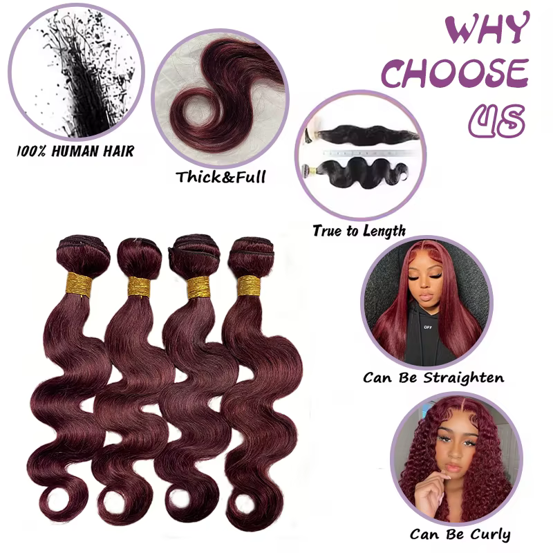Extensions de cheveux humains 100% naturels, ondulés, couleur bordeaux 99j, 1/3/4 paquets, tissage b