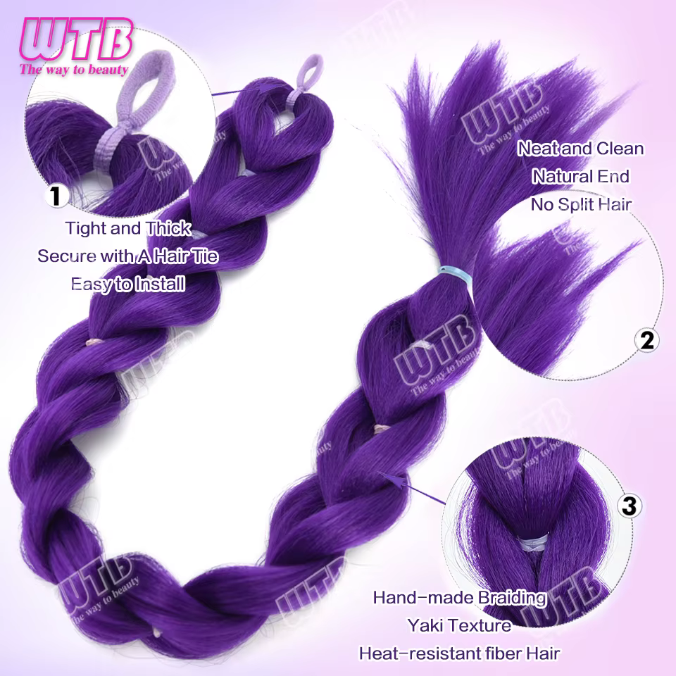 26 pouces violet tresses queue de cheval élastique pré tressage cheveux synthétiques violet Extensio