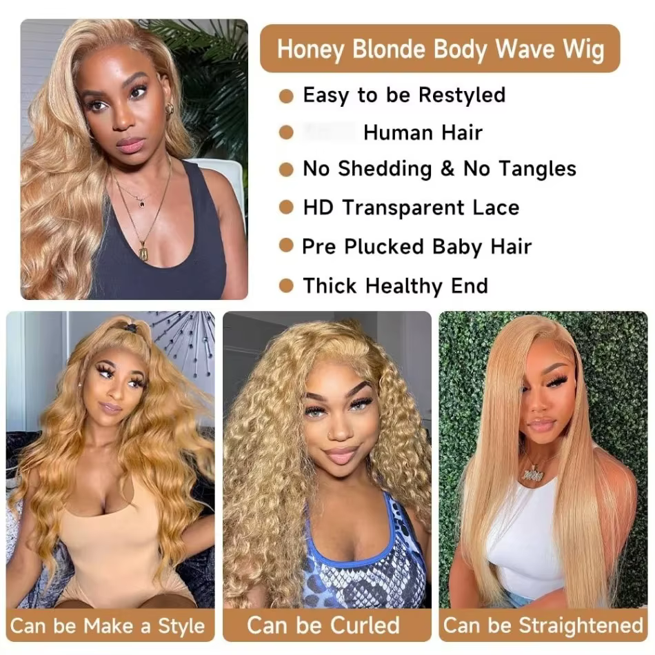 Perruques brésiliennes en cheveux humains ondulés, blond miel 27, avec dentelle frontale HD 13x6 et