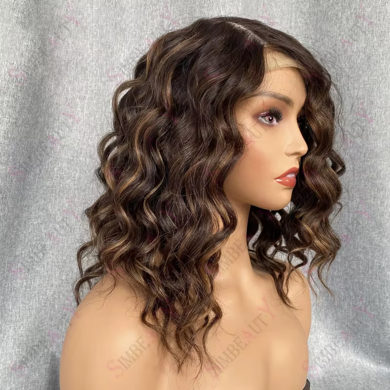 Perruques Courtes Bob Ondulées Profondes pour Femmes, Cheveux Humains, Brun Miel avec Mèches Blondes
