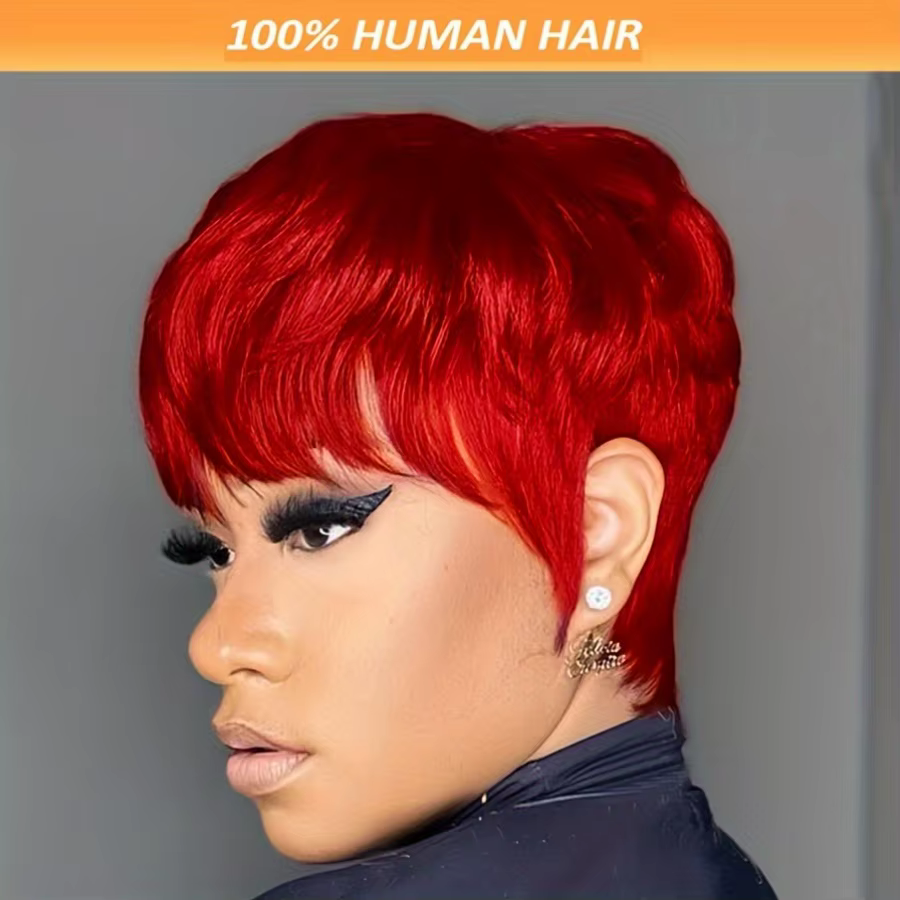 Perruque de cheveux humains courts de couleur rouge avec frange, coupe Pixie de 6 pouces, perruque d