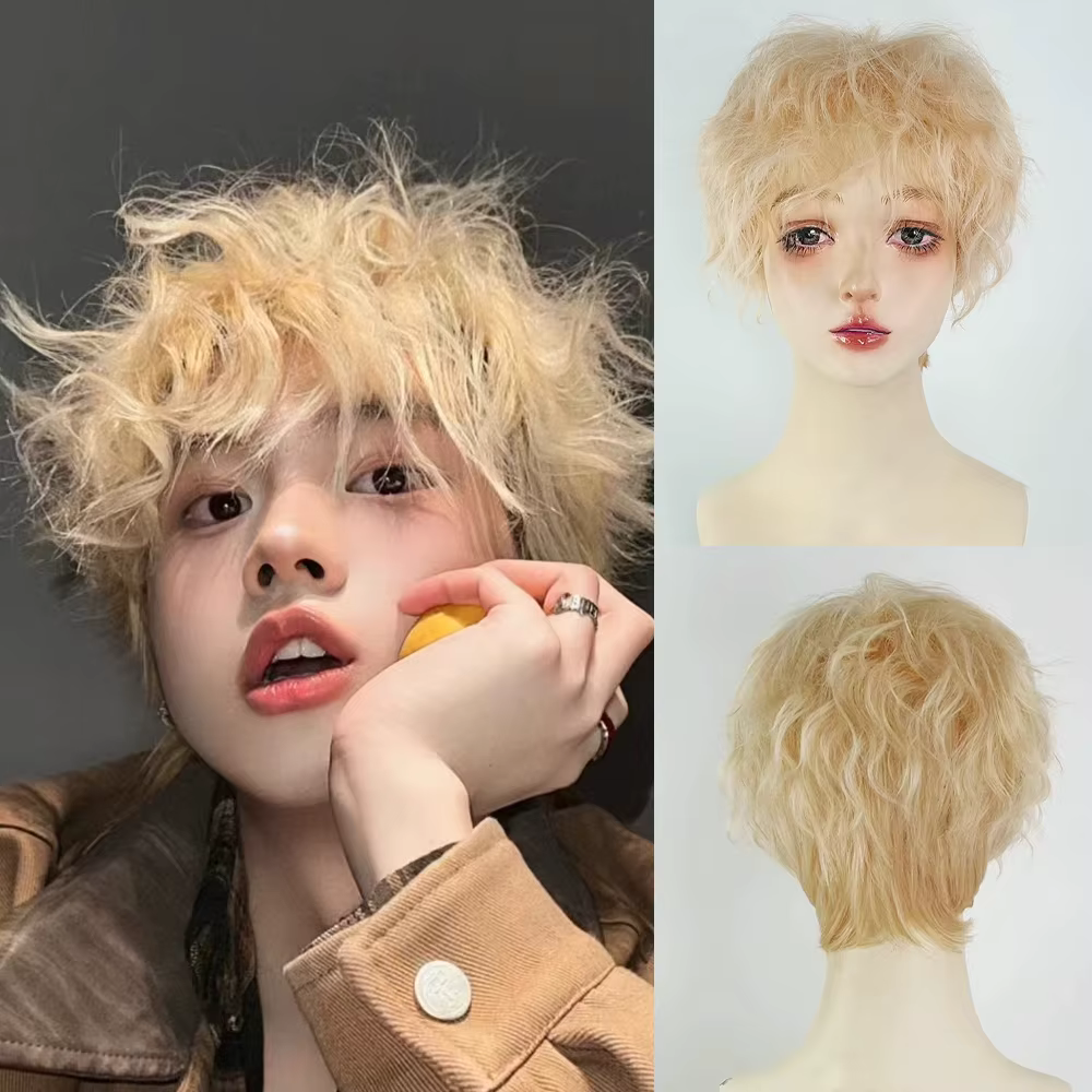 Perruque synthétique Blonde courte ondulée bouclée pour hommes, avec frange, cheveux de Cosplay moel