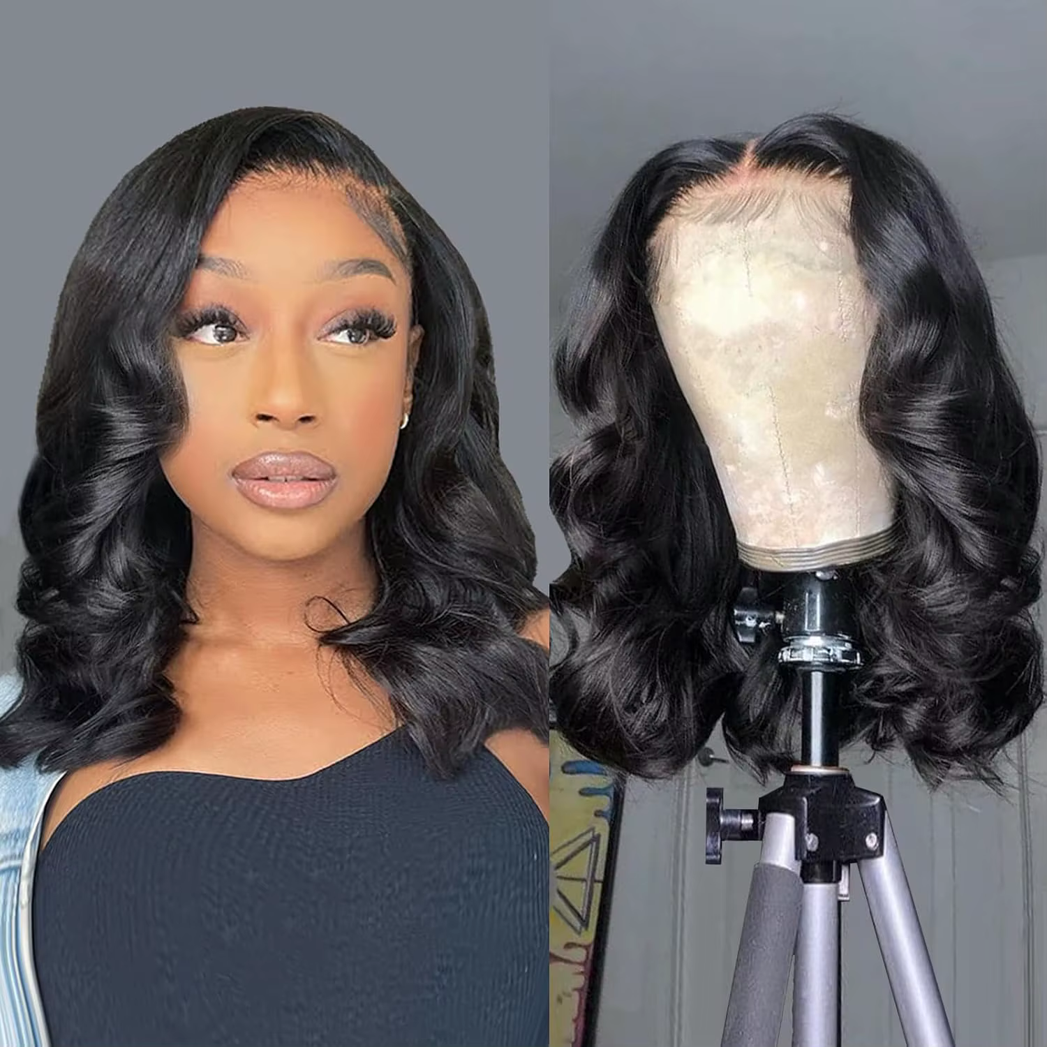 Perruque Courte Bob Ondulée 250% Body Wave HD Lace Frontal en Cheveux Humains, Sans Colle, Perruques