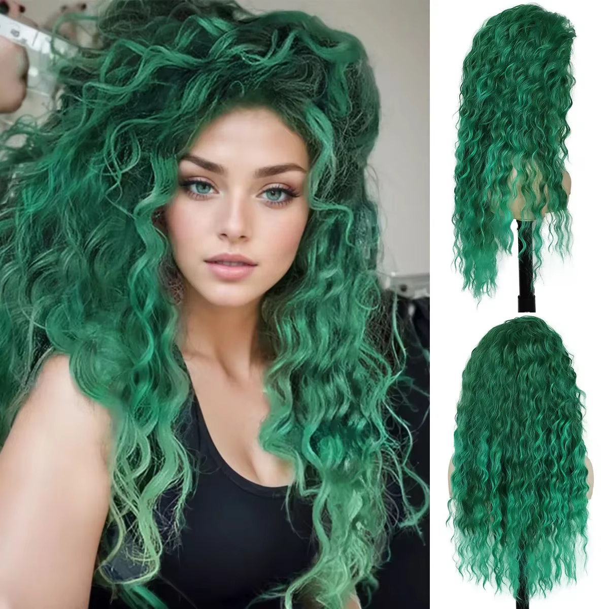 Perruques vertes pour femmes, cheveux synthétiques longs bouclés, coiffures ondulées naturelles, che