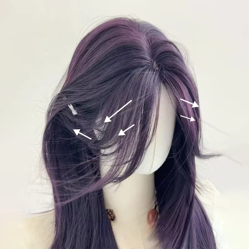 Ashely Perruque violet foncé femme 22 pouces cheveux longs rideau frange couches Nature cheveux raid
