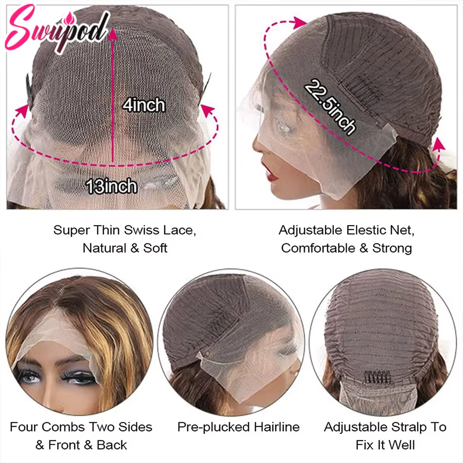 Perruque Full Lace Wig sans colle naturelle Remy, cheveux bouclés, balayage piano ombré, 13x6 HD, 13