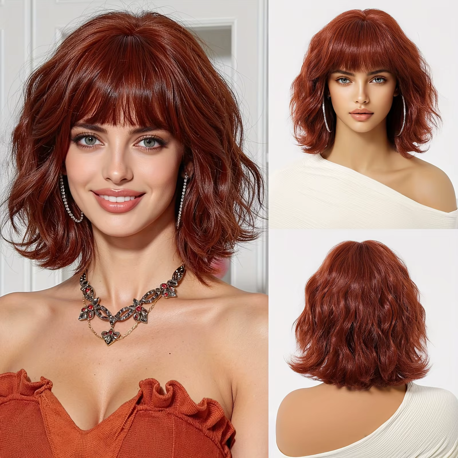 Perruque synthétique ombrée marron à blond, cheveux courts bouclés avec frange droite pour femmes, c