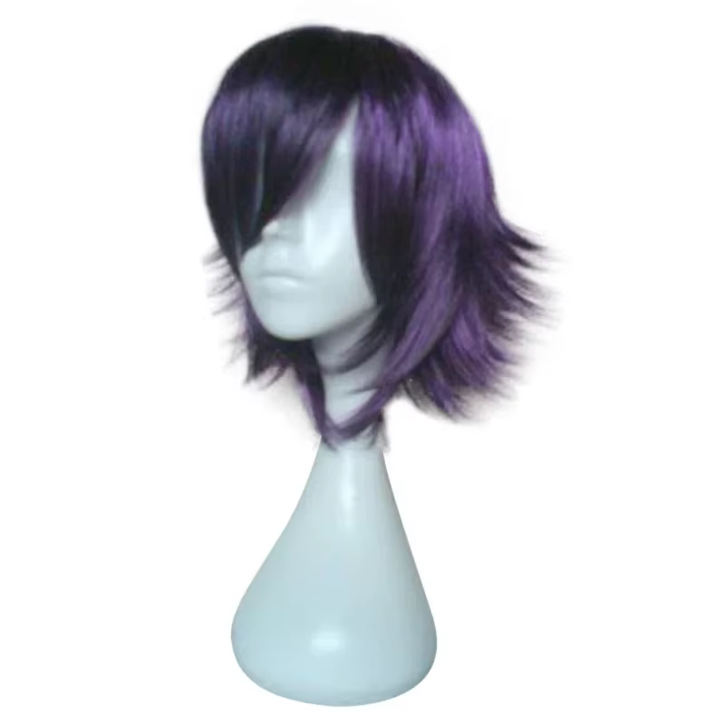 Perruque de Cosplay synthétique courte bouclée violette noire, perruque de Cosplay Anime en Fiber de
