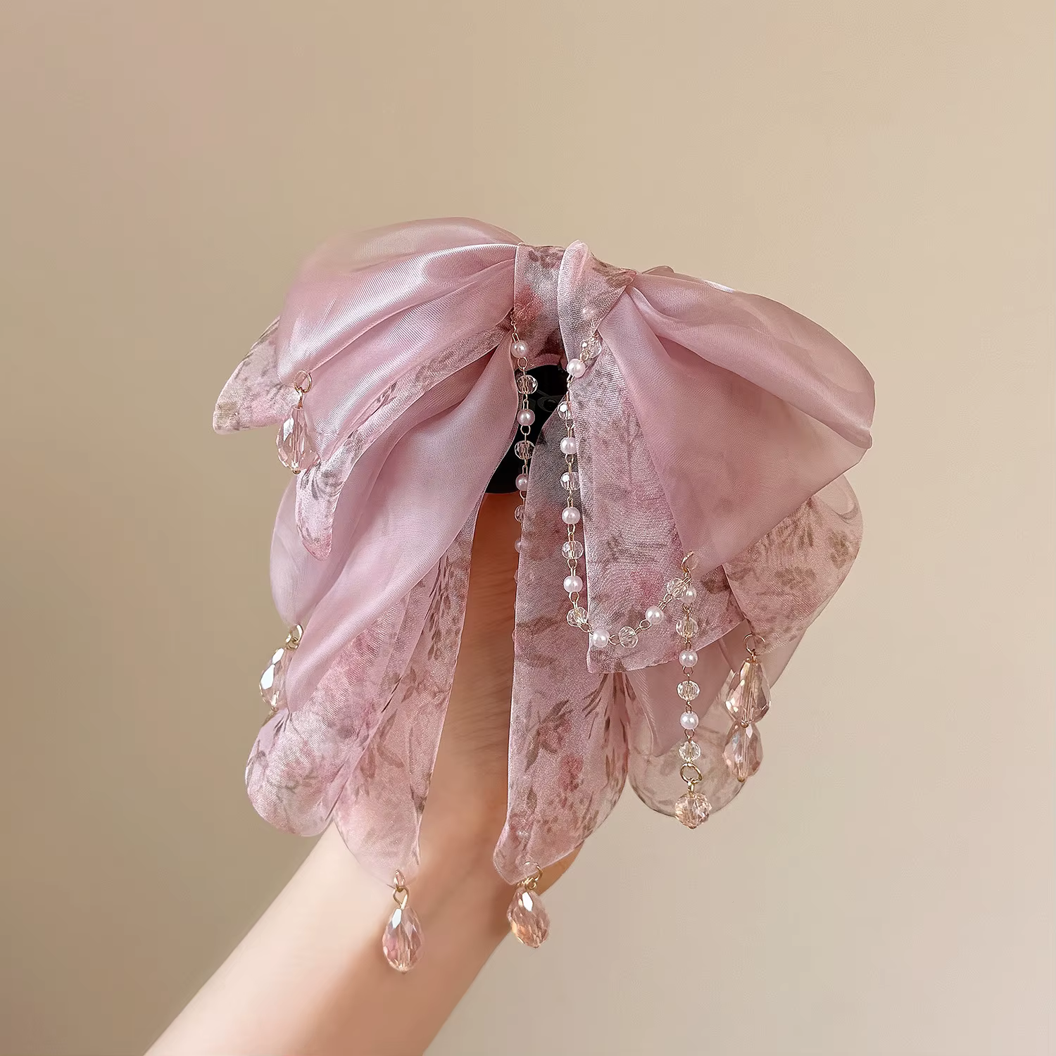 Magnifiques pinces à cheveux roses pour femmes, nœud floral esthétique avec chaîne en cristal, pince