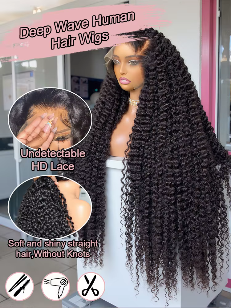 Perruque Lace Front Wig brésilienne naturelle, cheveux humains, Deep Wave, 13x6, HD, densité 300%, b