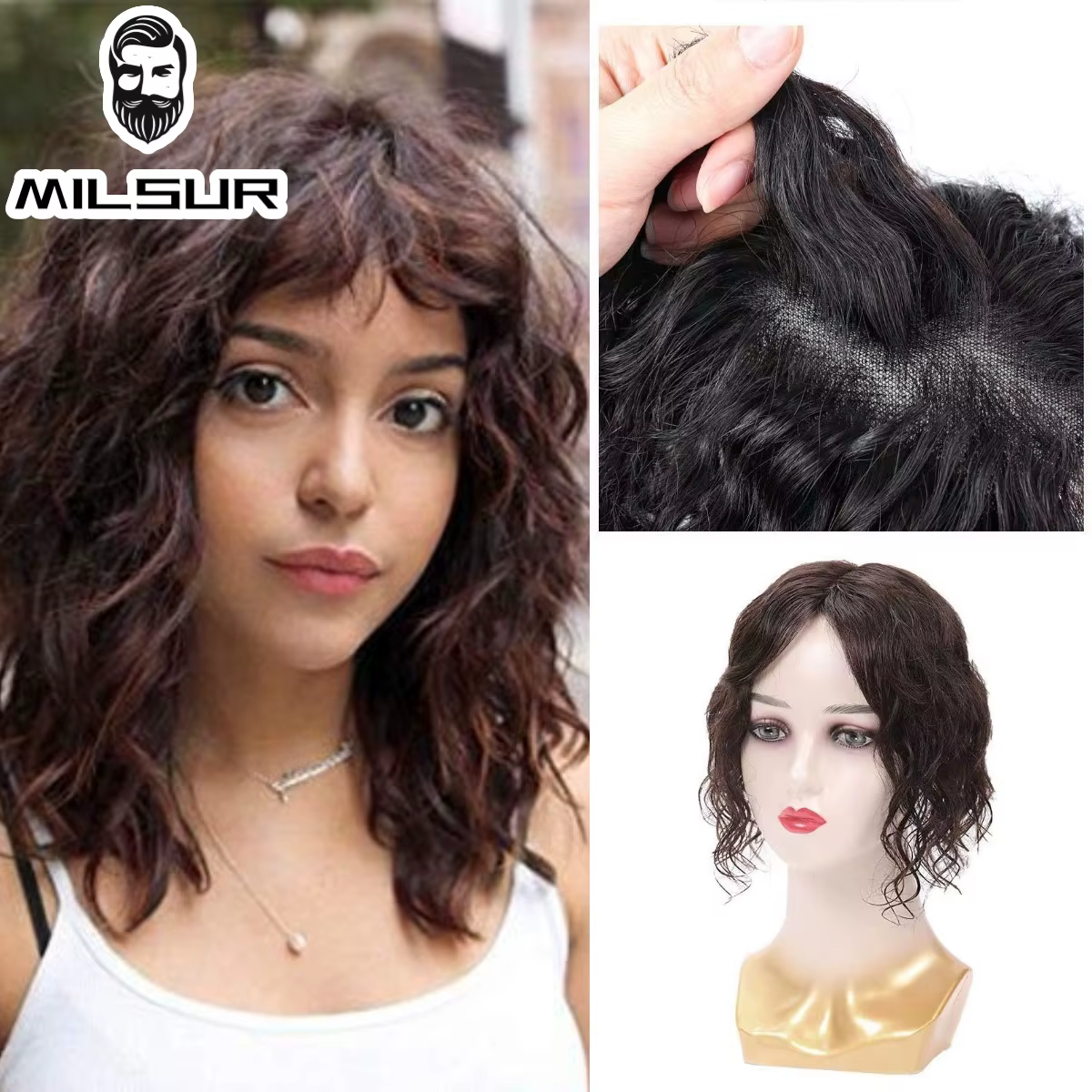 Topper de cheveux humains bouclés pour femme, cheveux raides, clips naturels, fait à la main, filet 