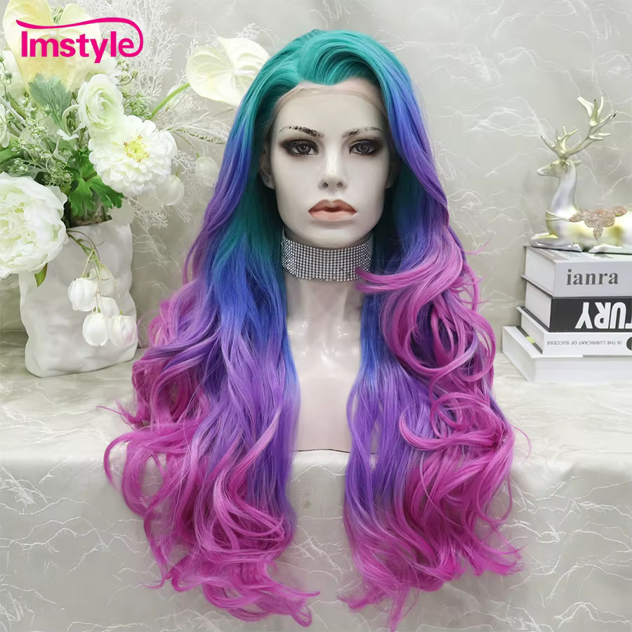 Imstyle Ombre coloré synthétique dentelle avant perruque vert bleu rose violet perruque multicolore 
