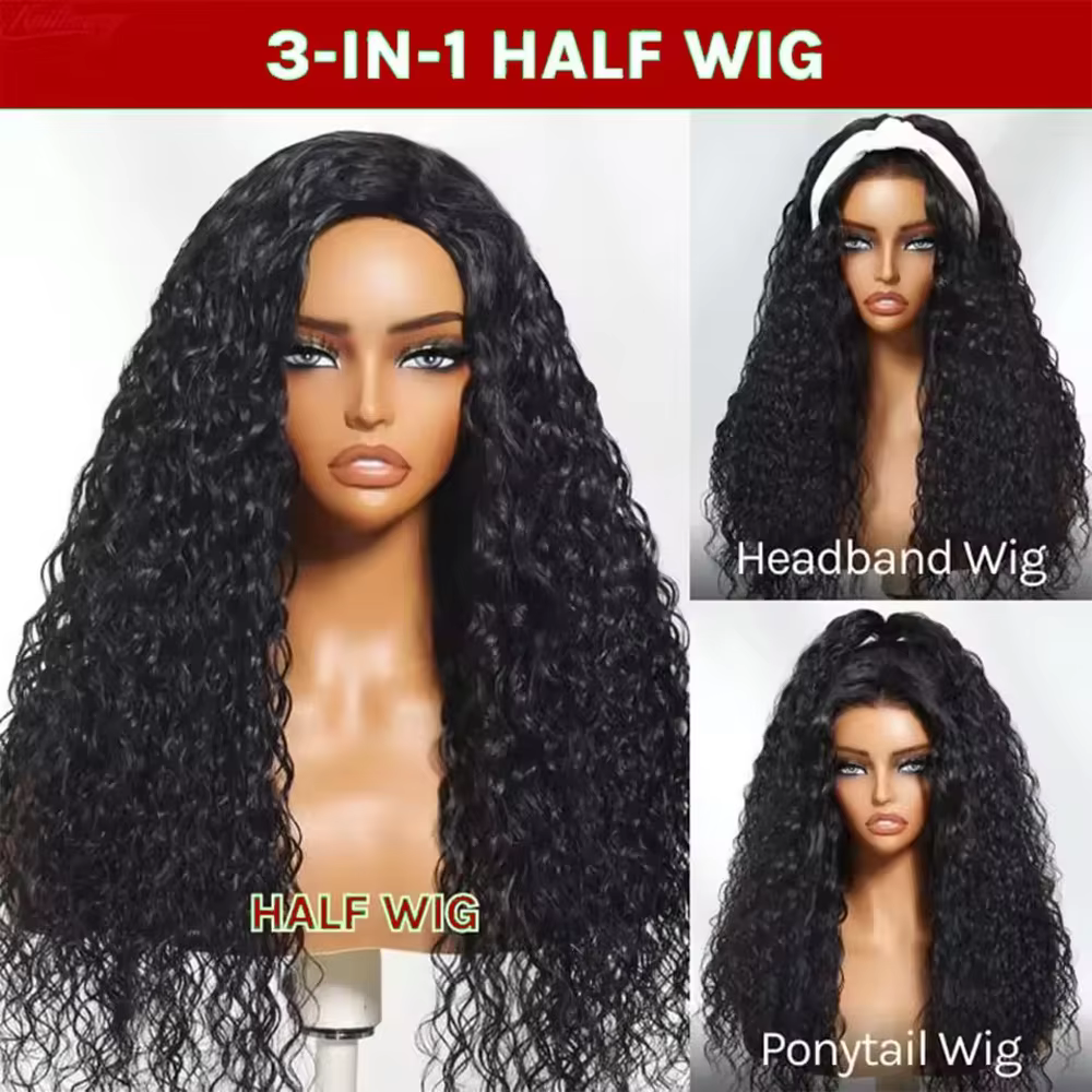 16 pouces bouclés demi perruque cheveux humains 3 en 1 sans couture rabat sur demi perruque cheveux