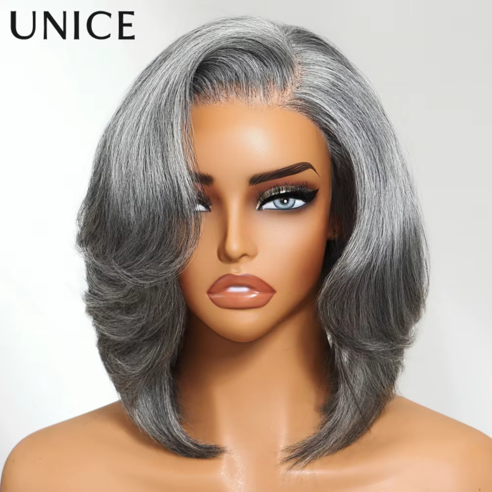 UNICE cheveux couches éclat sel et poivre sans colle perruque de cheveux humains pré-coupé 6.5x1.5 d