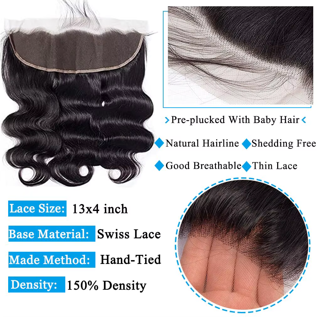 Extensions brésiliennes Body Wave avec closure en dentelle 13x4, cheveux humains véritables, 3 mèche
