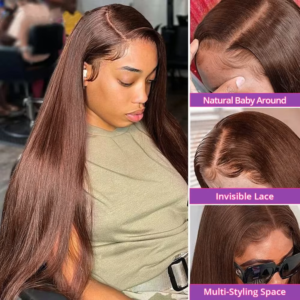Perruque Lace Front Wig naturelle lisse, brun chocolat, cheveux humains, 13x4, 13x6, 36 ou 38 pouces
