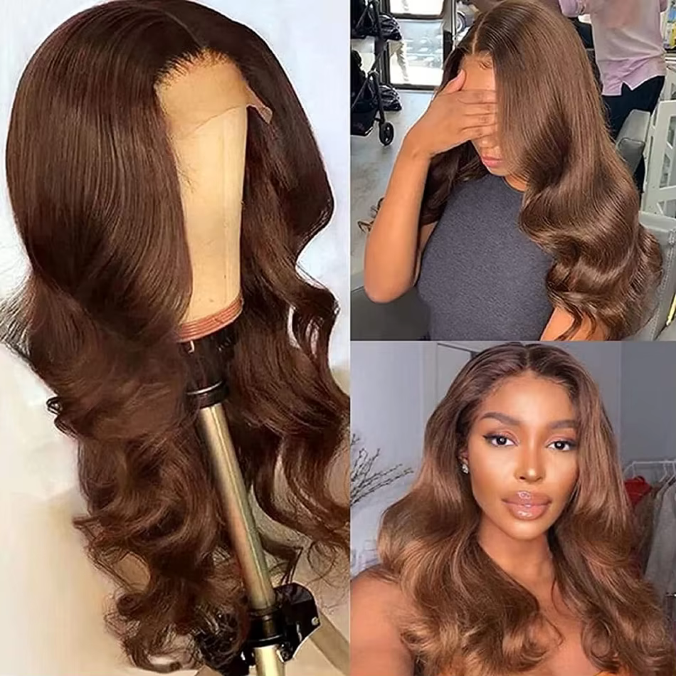 Perruque Lace Front Wig Body Wave brésilienne naturelle, cheveux naturels, brun chocolat, 13x4, pre-