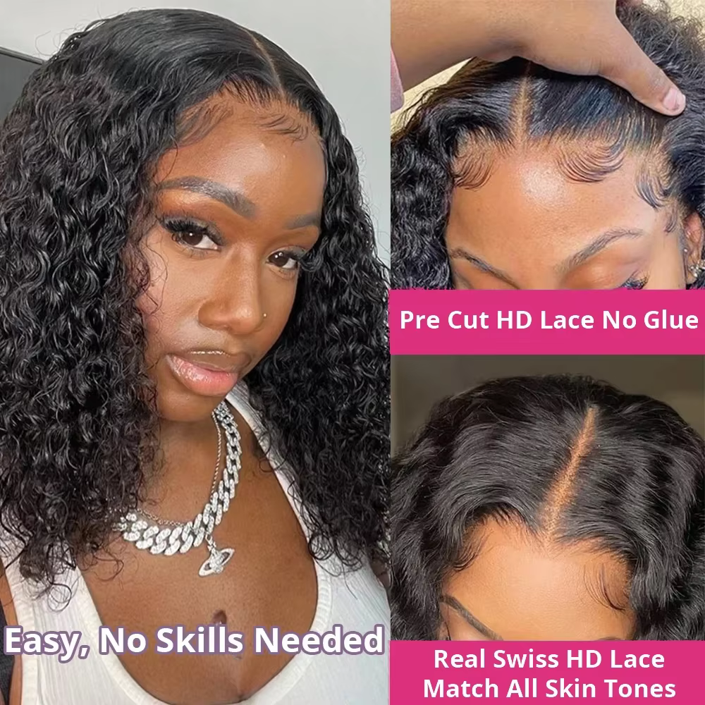 Perruque Bob Courte Sans Colle 200 Densité, 12 Pouces, Ondulée Profonde, Lace Front, Cheveux Humains