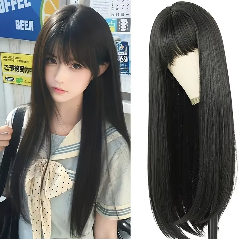 Perruque synthétique mode 26 pouces - cheveux longs et raides noirs - cheveux cosplay Halloween - pe