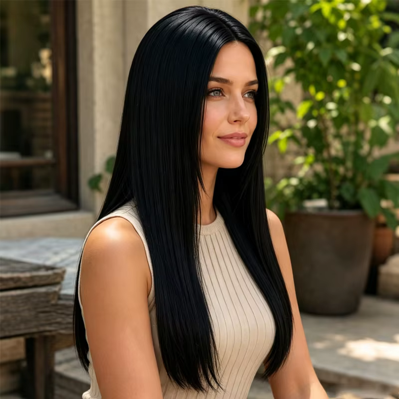 Perruque synthétique lisse pour femme, 28 pouces, noir pur, raie naturelle au milieu, idéale pour le