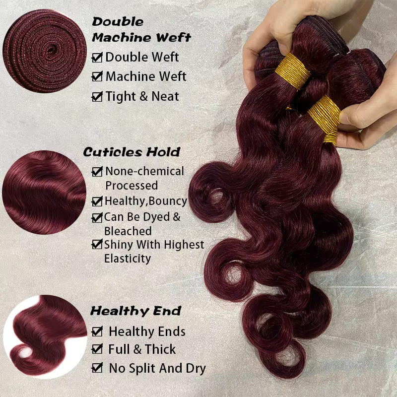 Extensions de Cheveux Humains Bruts 100% Non Traités 16A, Bundles Ondulés Bourgogne 99j, Lot de 3 ou
