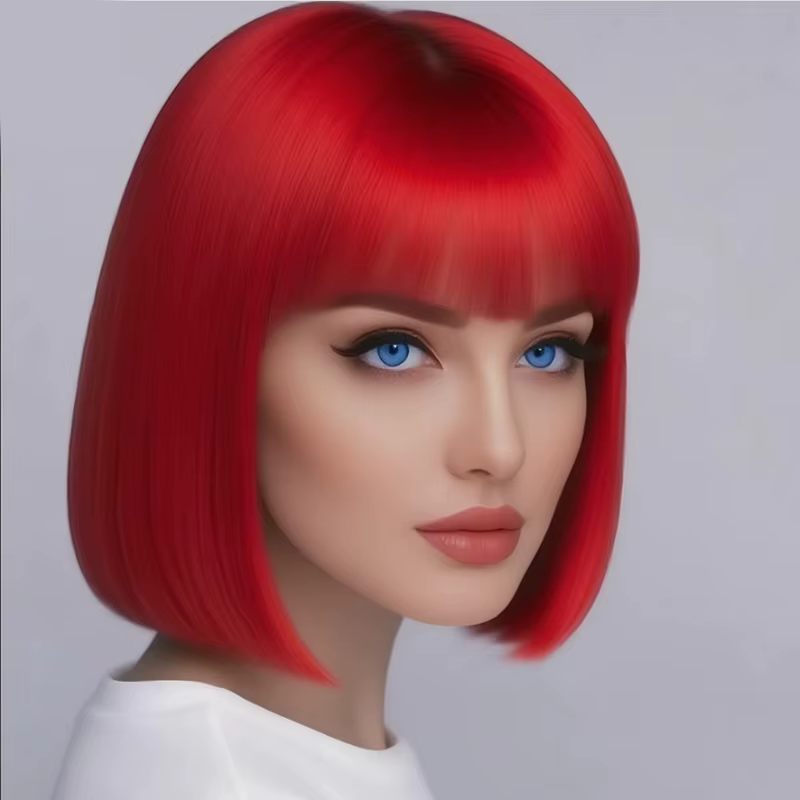 Perruque synthétique rouge de 12 pouces avec frange, à la mode et lisse, adaptée à un usage quotidie