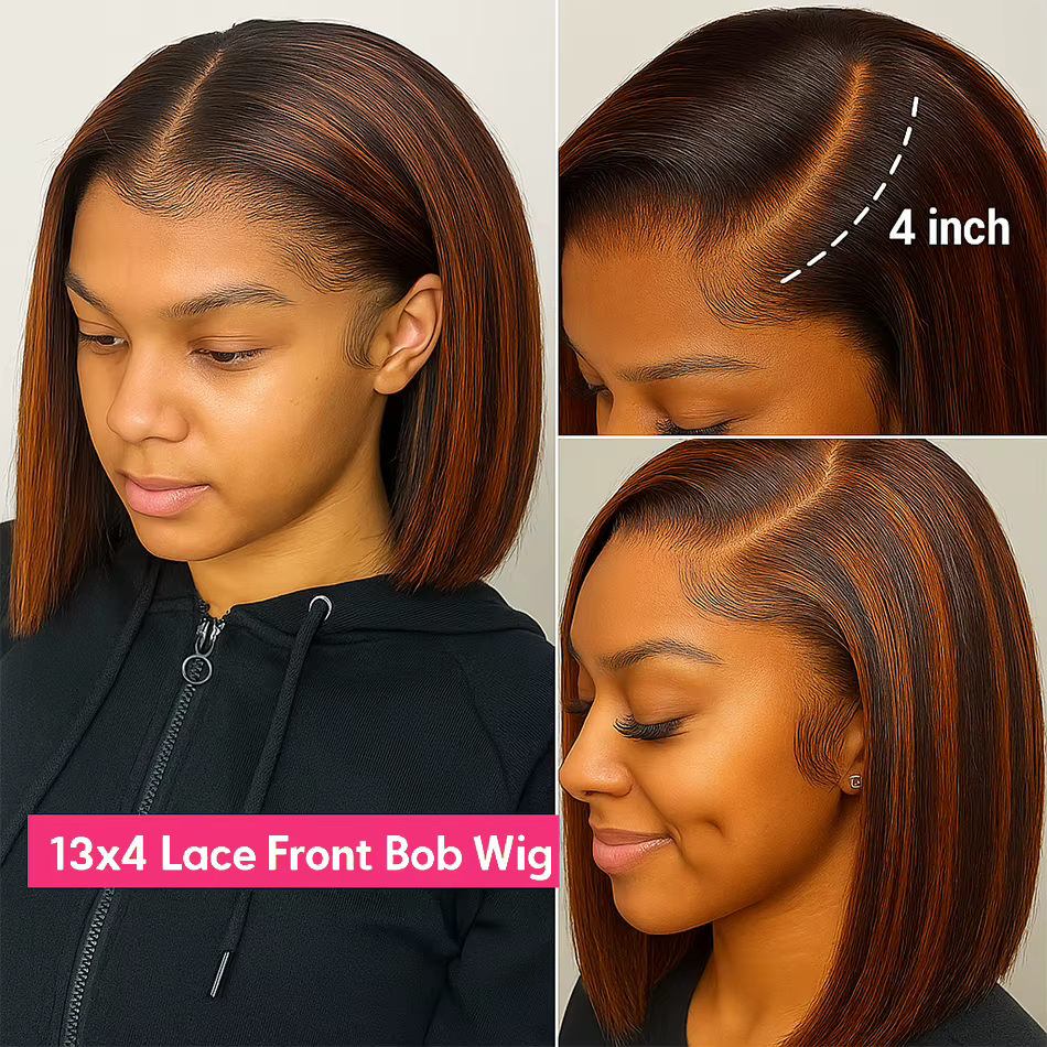 # 4/350 mettre en évidence gingembre brun court Bob perruque cheveux humains droite 13x4 HD Transpar