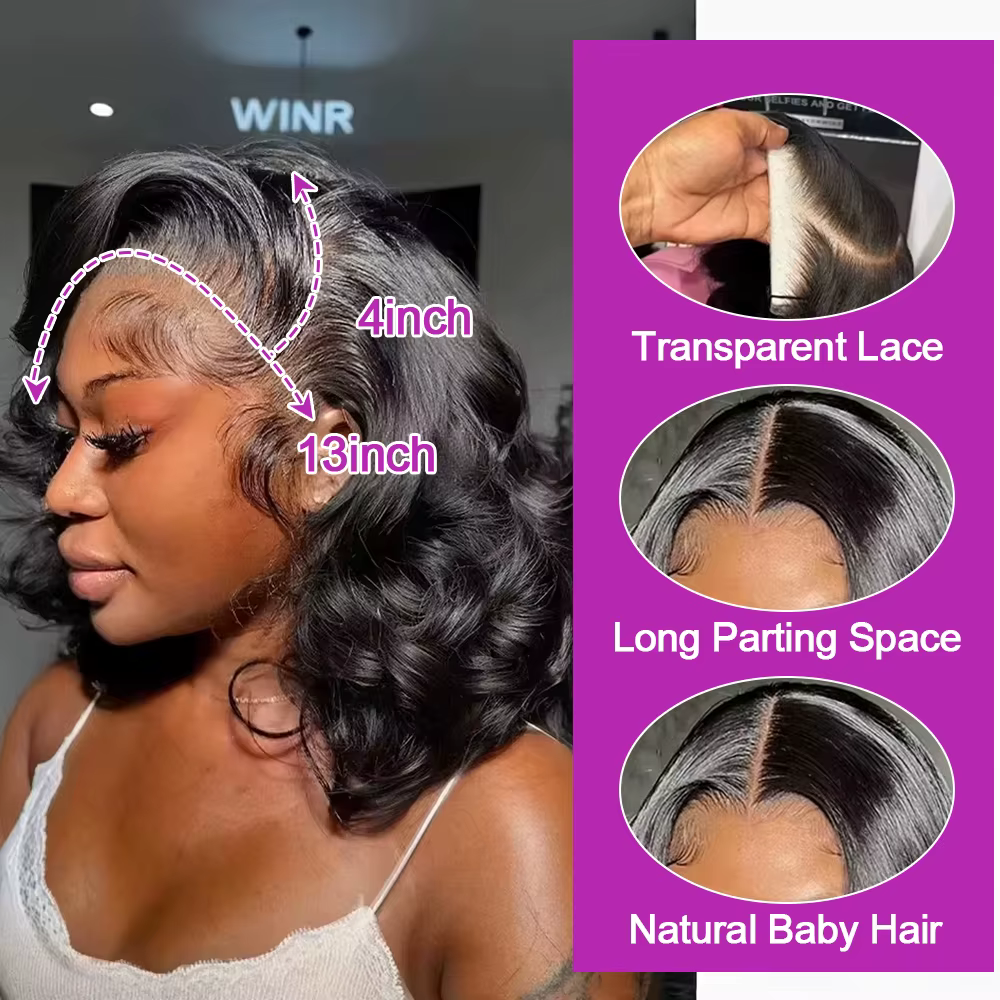 13x6 Hd dentelle frontale perruques sans colle cheveux humains court Bob perruques corps vague d'eau