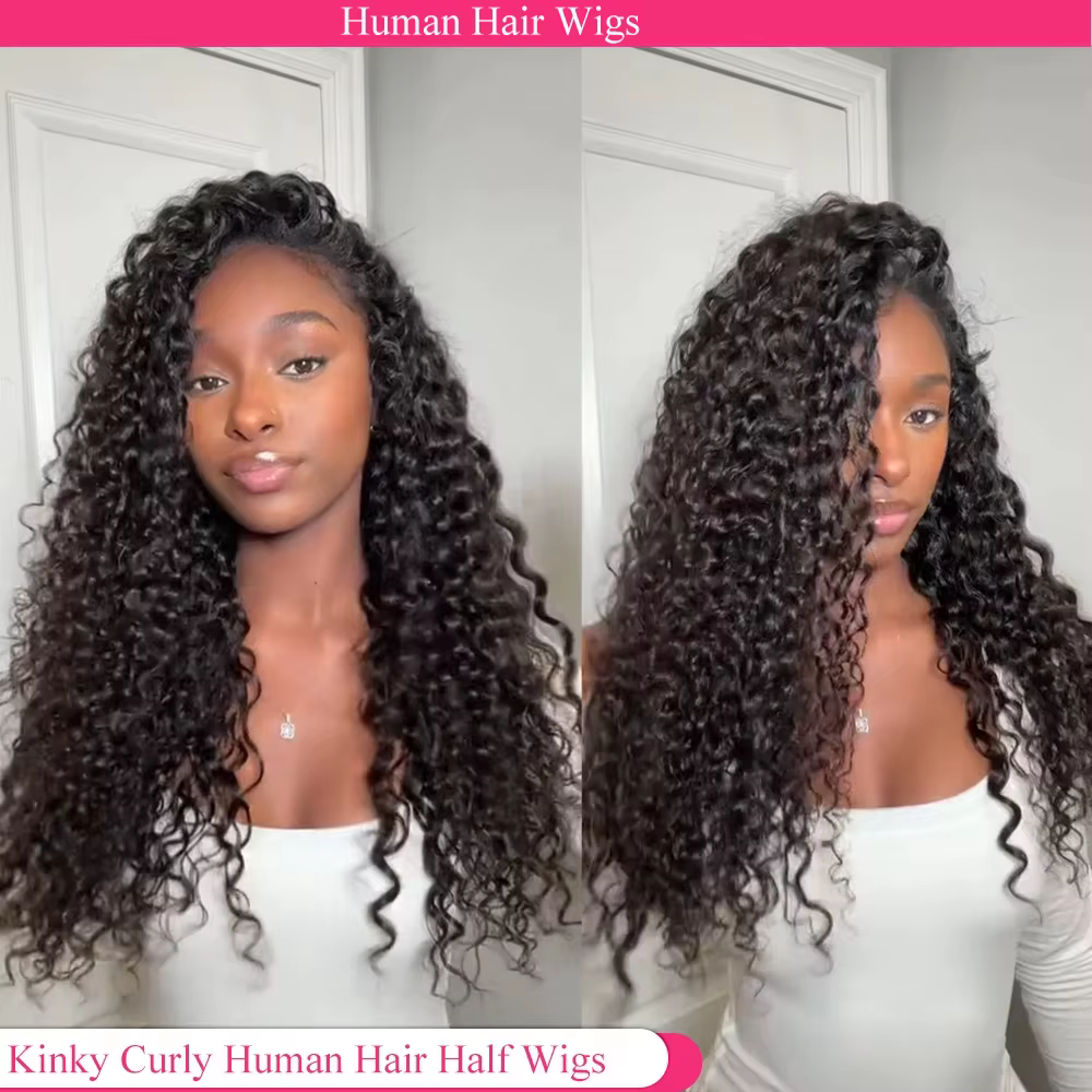 Demi-perruque cheveux humains crépus bouclés sans colle perruque cheveux humains prêt à porter 3 en 