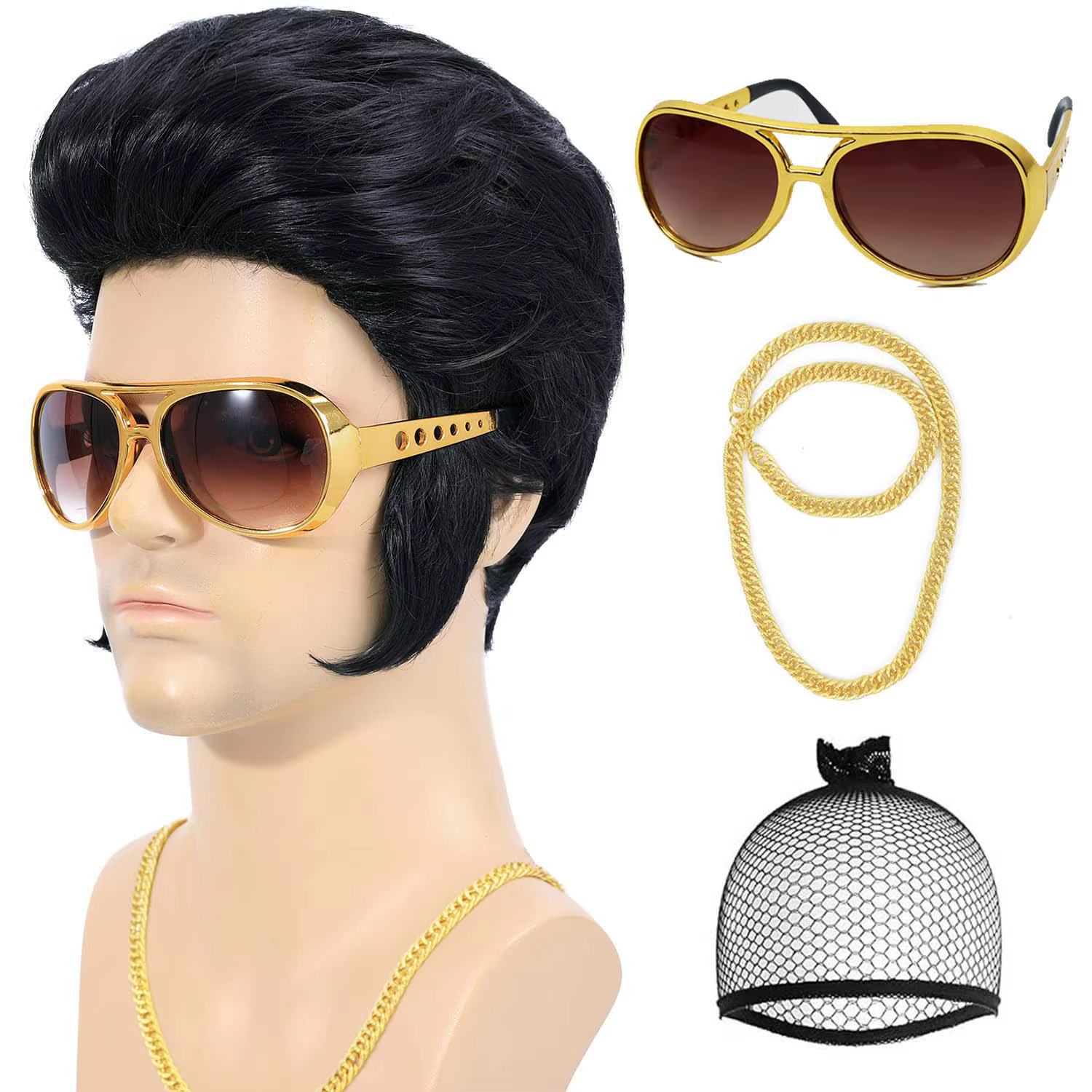 Perruque synthétique Rock des années 50, ensemble de 4 pièces, avec lunettes de soleil et collier po