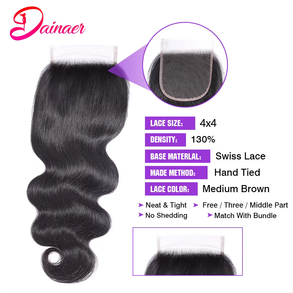 Perruque Lace Closure Wig indienne Remy, cheveux naturels, Body Wave, 4x4, 12-22 pouces