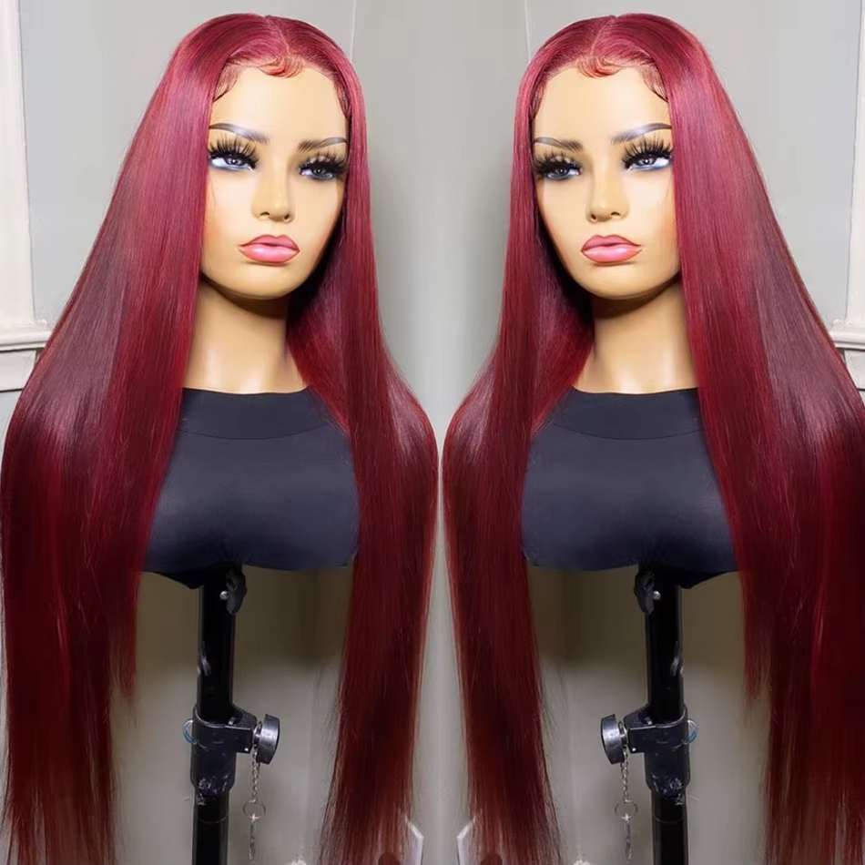 Tuneful-Perruques de cheveux humains sans colle, Perruques de couleur rouge bordeaux, Prêt à porter,