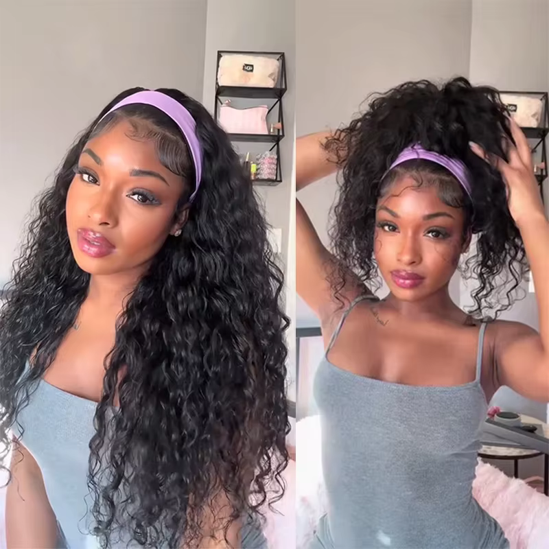 Perruques bandeau 200 densité en cheveux humains pour femmes, perruques bandeau ondulées effet eau, 