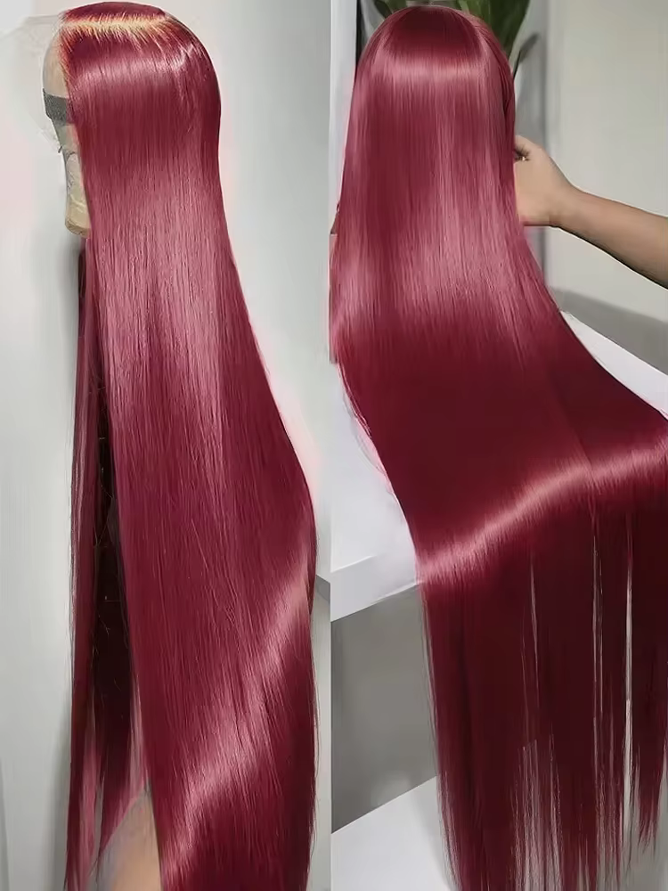 Perruque en cheveux humains longs et raides de couleur rouge, densité 220, Max-lace, 99J Bourgogne,