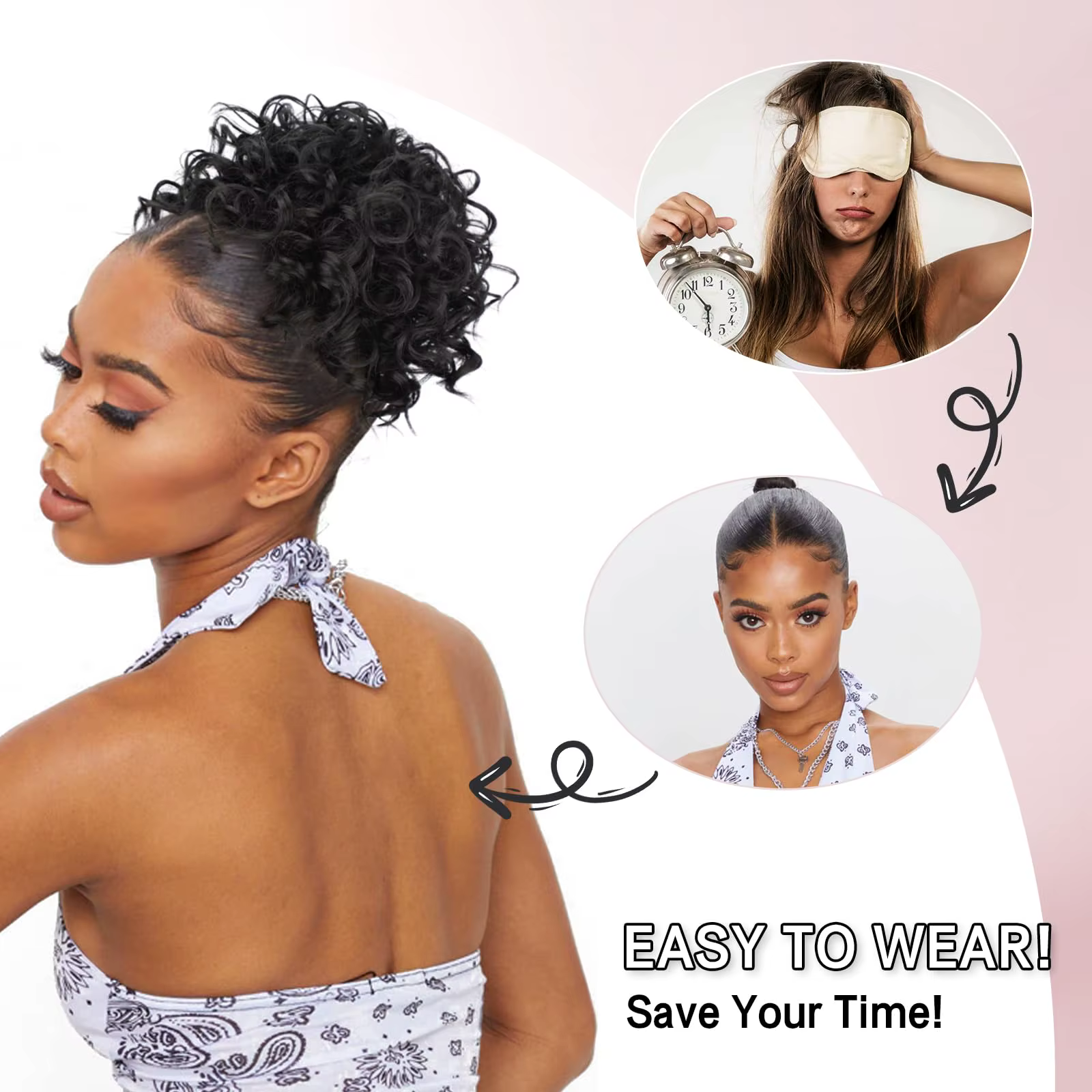 Chignon synthétique en désordre, 60g, cordon élastique, vague lâche, bouclé, Extensions de cheveux p