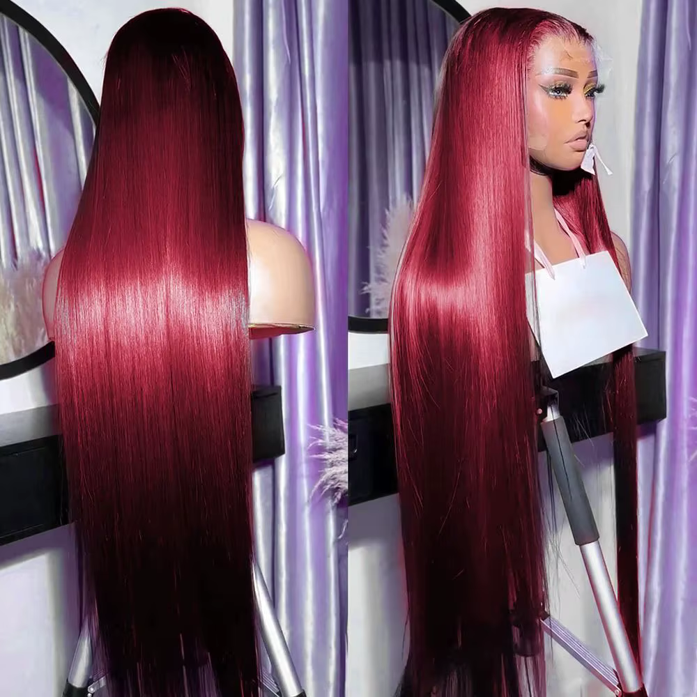Perruque Lace Front Wig naturelle brésilienne, cheveux lisses, rouge bordeaux 99J, 13x6, 30 40 pouce