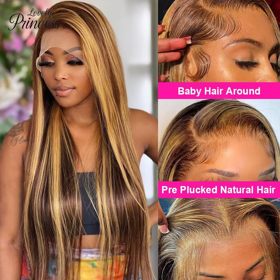 Perruque en cheveux humains lisses avec dentelle frontale 13x4, 30-40 pouces, mèches 4/27, densité 2