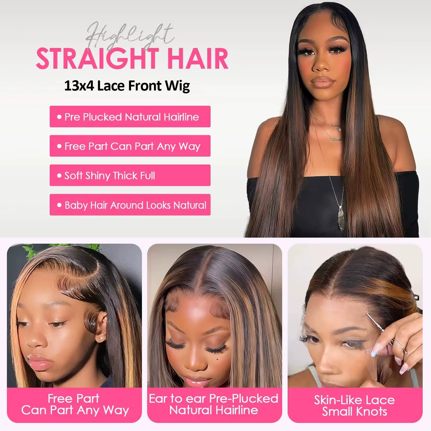 Perruque Lace Front Wig naturelle lisse sans colle, 5x5, P1B/30 ombrée, 13x6, reflets, Body Wave, 13