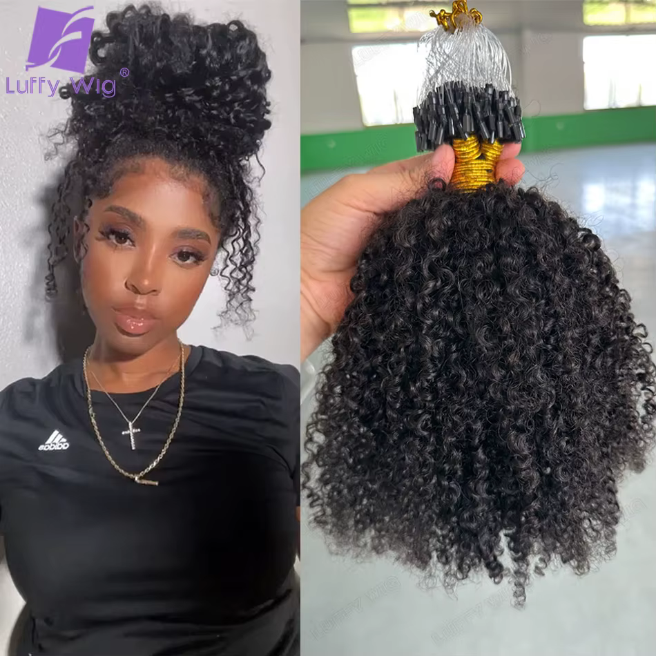Double proximité Wn Afro Kinky Curly Micro Links Extensions de Cheveux Humains, Micro Boucles Brésil