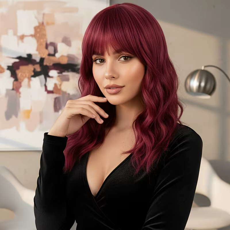 Perruque synthétique rouge bordeaux pour femme, cheveux courts ondulés bouclés avec frange, 14 pouce