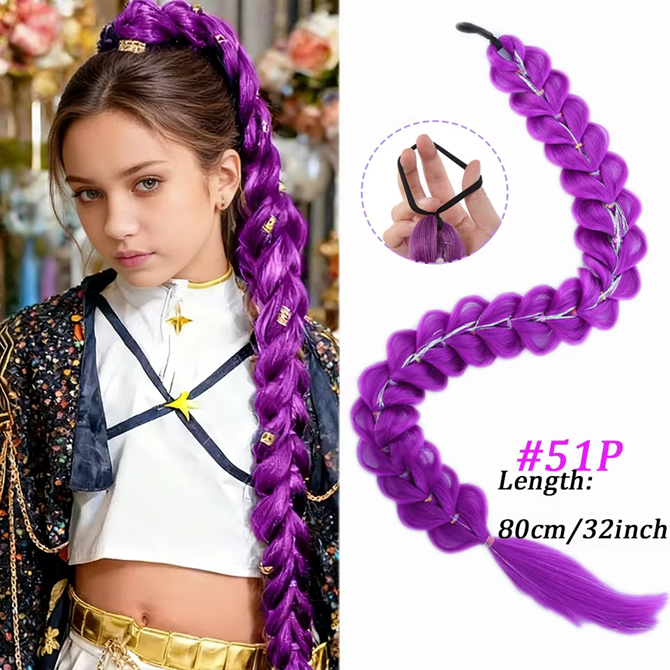 28 pouces cheveux synthétiques longs tressés violet cheveux Extensions de queue de cheval Rumi coiff
